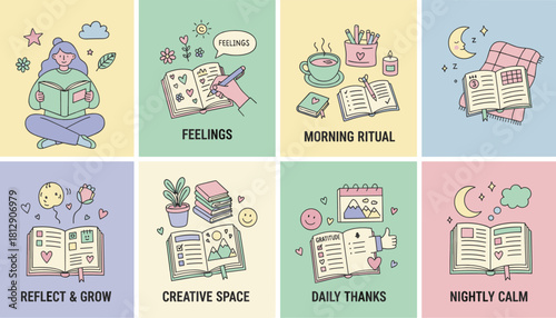 Daily journaling and selfcare routine icons for mindfulness gratitude and personal growth