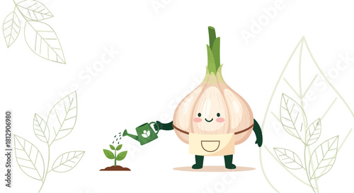 A Cheerful Garlic Nurturing A Plant, Depicting Gardening, And Plant Life