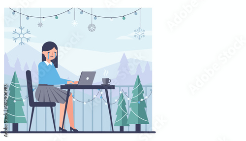 Crying woman works on laptop outdoors in winter Holiday sadness stress or remote work burnout