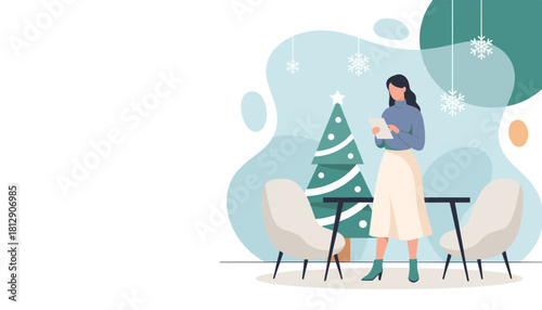 Woman checking list by a Christmas tree in a modern lounge Holiday planning illustration