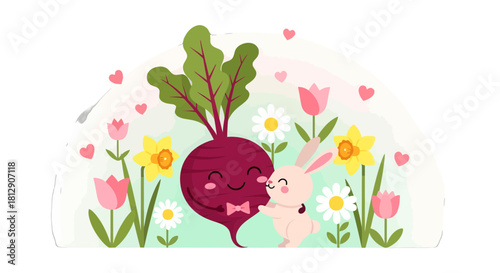 A Cheerful Artwork of a Vegetable Embracing a Bunny Surrounded by Spring Bloom and Love