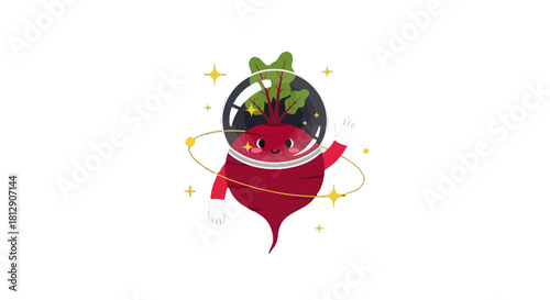 A Cheerful Beet Astronaut Floating In The Vastness Of Black Space Illustration
