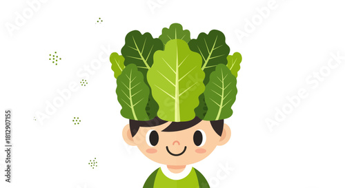 A Cheerful Illustrated Cartoon Kid Wearing a Salad Leaf Crown with Green Colour