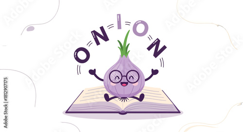 A Cheerful Illustrated Onion Character Delights, Reading Its Own Spelling, with Glasses