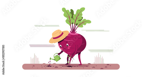 A Cheerful Beet Root Person Gardening on a Black Background in Vector Illustration