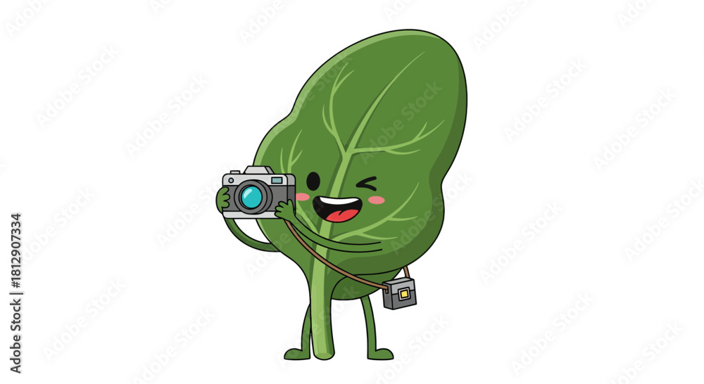 Obraz premium A Cheerful Leaf Character Taking Pictures with a Classic Digital Camera
