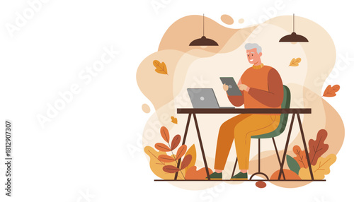 Senior man using tablet and laptop in cozy autumn setting Remote work or education concept