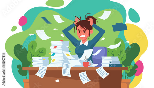 Frustrated businesswoman stressed by excessive office work and flying paper clutter
