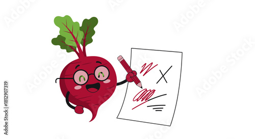 A Cheerful Beetroot Character Marks a Paper with a Pencil, Smiling Broadly and Happy