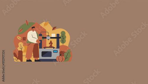 Illustrator of man 3D printing a model in an autumnal environment Design technology concept