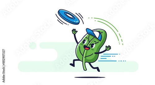 A Cheerful Leaf Character Plays With A Frisbee In A Playful And Dynamic Composition