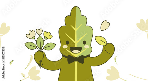 A Cheerful Leaf Character With Floral Offerings Against A Black Background Design