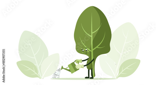A Cheerful Leaf Character Watering Plants in a Verdant Illustration