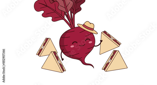 A Cheerful Beetroot Character Offers Delicious Sandwiches Against a Dark Backdrop