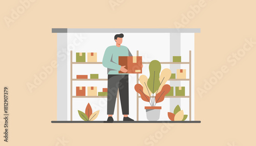 Worker handles package in warehouse Ecommerce inventory delivery and logistics concept