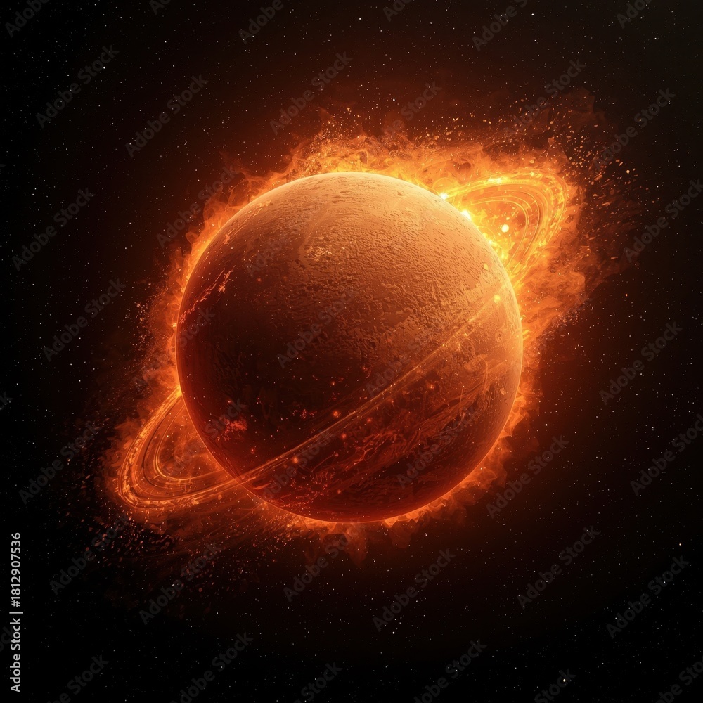 custom made wallpaper toronto digitalA fiery, orange-red planet with rings engulfed in a blazing aura against a dark space background.