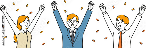 Three diverse people celebrating with arms raised and confetti falling