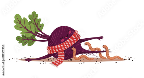 A Cheerful Beetroot Embracing Earthworms While Wearing a Cozy Striped Scarf