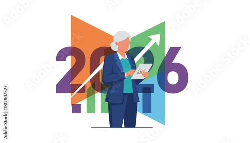 Businesswoman achieving financial success in 2026 Growth arrow and data planning on tablet