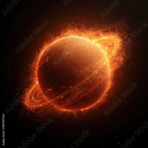 Wallpaper Mural A fiery, orange-red planet with rings engulfed in a blazing aura against a dark space background. Torontodigital.ca