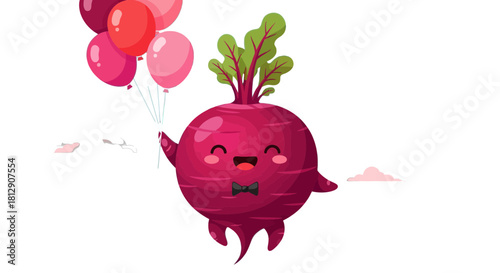 A Cheerful Beetroot Character With Balloons Floats Joyously Against a Dark Background