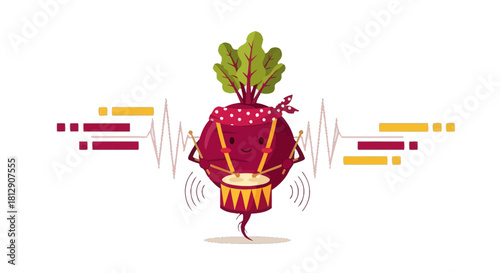 A Cheerful Beetroot Musician Playing Drums with Electronic Soundwave Elements