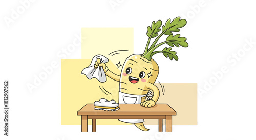 A Cheerful Parsnip Cartoon Character Wiping a Surface on a Clean Backdrop