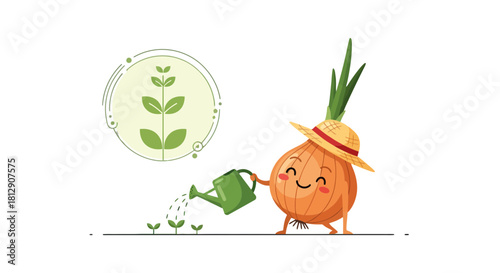 A Cheerful Onion Character in a Straw Hat Nurturing Young Plants with a Watering Can