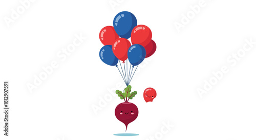 A Cheerful Beetroot Mascot Floating Upward With a Bunch of Festive Colorful Balloons