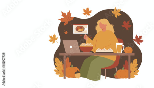 Woman eating ramen noodles during an autumn remote work lunch break Cozy fall WFH scene