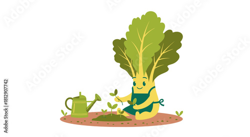 A Cheerful Cabbage Character Planting Seeds in a Garden Patch, an Illustrated Scene