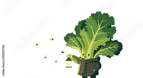 A Cheerful Plant Person with a Lantern Leading Fireflies in a Dark Setting