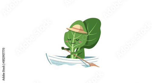A Cheerful Cabbage Leaf Navigating the Waters in a Rustic Wooden Rowing Boat