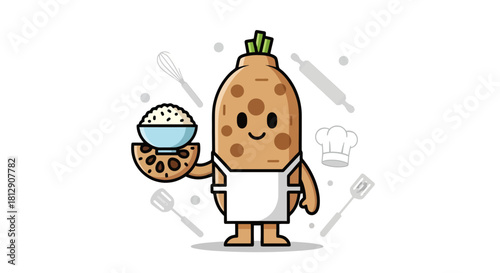 A Cheerful Potato Character Preparing Food With Cooking Utensils For Culinary Delight