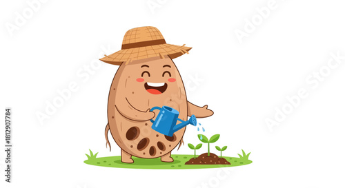 A Cheerful Potato Character Watering Seedlings in a Garden with a Straw Hat