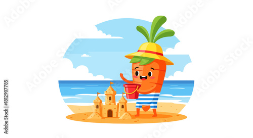 A Cheerful Carrot Enthusiastically Constructing A Sandcastle On A Sunny Beach