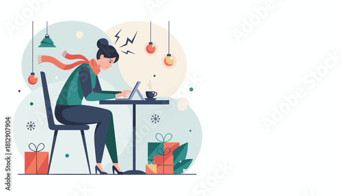 Woman with headache working on laptop surrounded by holiday gifts illustrating seasonal stress and burnout