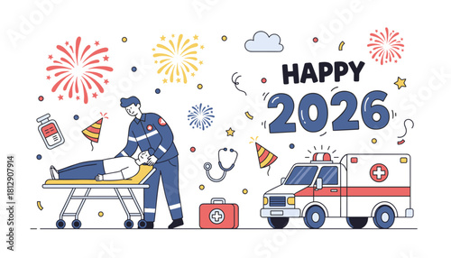 Happy 2026 healthcare concept paramedic assisting patient near ambulance with festive fireworks