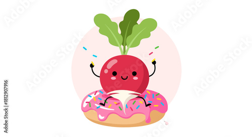 A Cheerful Radish Embracing a Delicious Donut Inside a Delightful Circle