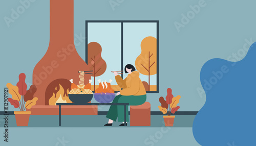 Enjoying warm food by the fireplace Cozy indoor autumn or winter dining concept
