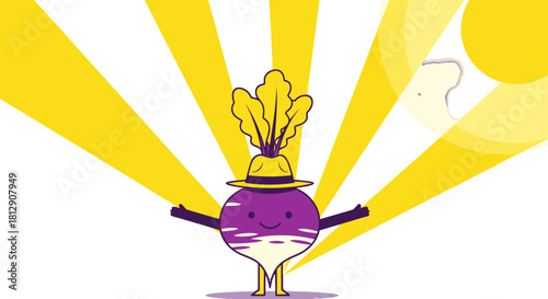 A Cheerful Radish Embracing The Sunlight With A Hat On, Cartoon Illustration