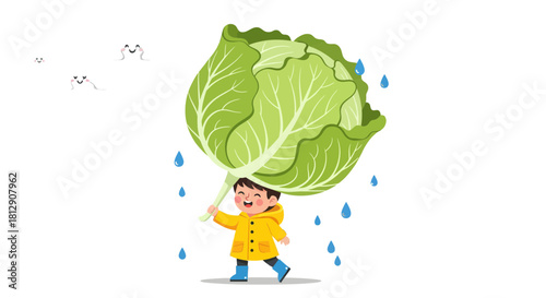 A Cheerful Child Uses Cabbage Head As An Umbrella In The Rain Depicting Fun And Humor