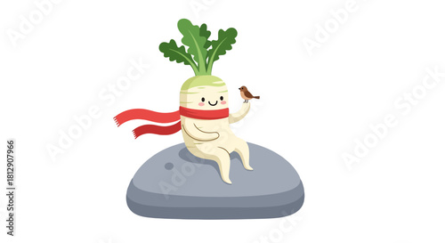 A Cheerful Radish Enjoying Company Of Sweet Little Bird On A Grey Rock For Design
