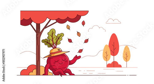 A Cheerful Radish Enjoying The Autumnal Leaf Fall Under A Tree Silhouette Scene