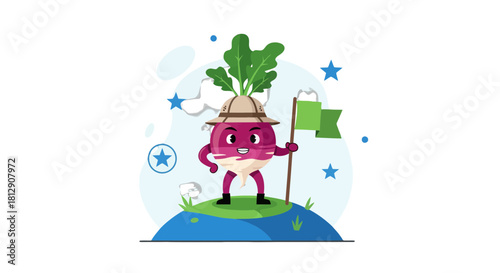 A Cheerful Radish Explorer Stands Victoriously On A Miniaturized Planet With A Flag