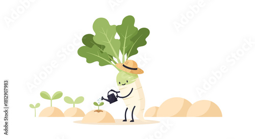 A Cheerful Radish Farmer Watering A Budding Plant In A Black Background