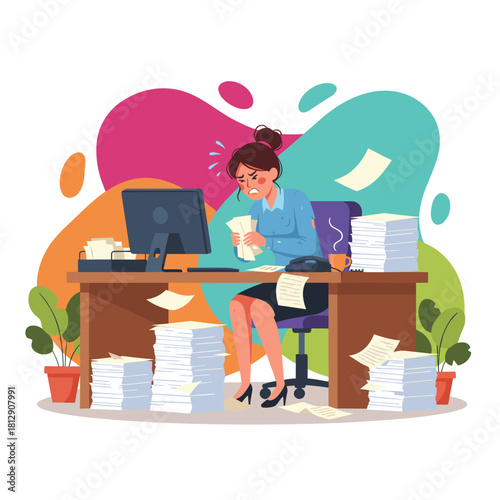 Stressed businesswoman overwhelmed by paperwork in the office Concept of deadline pressure or burnout