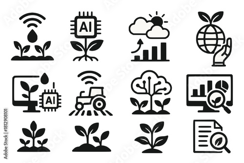 AI Agriculture and Environment Icons with Smart Irrigation, Crop Monitoring, Climate Prediction and Eco Analytics in Black Vector Style on White Background
