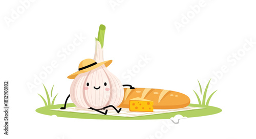 A Cheerful Garlic Bulb Enjoying A Picnic with Bread and Cheese on a Sunny Day