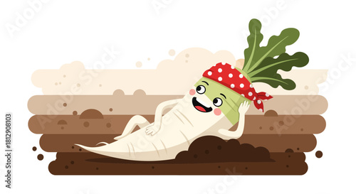 A Cheerful Radish Relaxing In Soil Illustration With Appealing Expressions